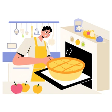 A person wearing a bright apron is standing in front of a traditional oven, pulling out a golden-brown pie on a baking sheet. The pie has a perfectly flaky crust with steam rising from its surface, hinting at the warmth inside. The person's face displays a satisfied smile, with their eyes sparkling with delight. The kitchen is filled with various baking utensils, and a few ingredients like flour and apples are scattered on the countertop, indicating recent activity.