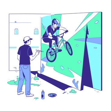 An artist is standing in front of a large wall, painting a mural that features a dynamic BMX biker in mid-air performing a trick. The BMX biker is depicted with a teal bike, and the rider is wearing a helmet and protective gear, showing an expression of focus and determination. The background of the mural includes vibrant swirls of color that accentuate the motion of the trick, creating a sense of energy. Paint splatters in different areas around the artist convey a sense of creativity and spontaneity in the mural creation process. The artist is using a mix of brushes and spray paint, appearing fully engaged in their work.