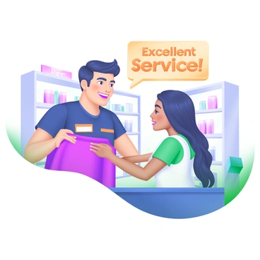 A modern pastel illustration of a sales associate assisting a customer in a retail environment. The sales associate is wearing a name tag and is smiling as they engage with the customer, who appears interested. Above them, there is a glowing testimonial in stylized text that reads "Excellent Service!" The background features shelves filled with products, and there are soft pastel colors throughout the scene, creating a friendly atmosphere.