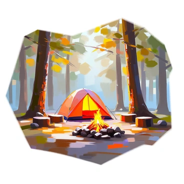 A campsite nestled among tall trees in a dense forest. The scene includes a colorful tent set up in the center, surrounded by several sturdy log seats arranged in a semi-circle. A small campfire crackles at the forefront, with glowing orange flames and a few stones surrounding it. The forest floor is covered with a mixture of green grass and brown leaves, with dappled sunlight filtering through the canopy above, casting soft shadows around the campsite.