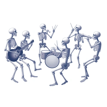 A group of skeletons is gathered in a circle, each playing a different musical instrument. One skeleton is holding a guitar, strumming it energetically, while another skeleton is playing a set of drums, its bony hands striking the surface with enthusiasm. A third skeleton is playing a trumpet, holding it up to its mouth and appearing to blow a lively tune. The rest of the skeletons are caught in a lively dance, moving their limbs rhythmically in sync with the music. The scene captures a sense of movement and celebration, with the skeletons displaying exaggerated poses and expressions as they engage in their musical performance.