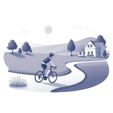 A cyclist is riding along a winding path through the countryside. The cyclist is wearing a helmet and sports attire as they pedal forward. The surrounding landscape features rolling hills dotted with trees and open fields. A cluster of wildflowers is visible alongside the path. The sky above is clear, and the sun is positioned high, casting defined shadows on the ground. In the distance, a quaint farmhouse is situated, surrounded by a white fence. The scene conveys a sense of outdoor activity and tranquility.