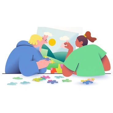Two characters are sitting at a table, focused on completing a large puzzle depicting a colorful landscape. One character has short blonde hair and is wearing a blue hoodie, while the other character has long brown hair tied in a ponytail and is dressed in a green t-shirt. Both characters are leaning over the puzzle, with the blonde character holding a piece, examining it closely. The table is cluttered with scattered puzzle pieces of various colors, and there is a completed portion of the puzzle showing a bright sun in the sky and green hills. A soft light illuminates the scene, emphasizing their concentration and teamwork.
