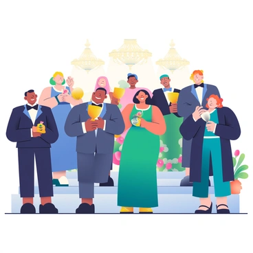An elegant award ceremony is taking place in a luxurious venue. Several artists with diverse features are dressed in formal attire, showcasing a variety of classic styles. Some are in fitted tuxedos, while others wear long evening gowns in rich colors like deep blue, emerald green, and classic black. Each artist is holding a trophy made of shiny metal, glimmering in the soft light of the chandeliers above. The atmosphere is filled with excitement as the artists smile and pose for photographs, surrounded by elegant decorations and vibrant floral arrangements.