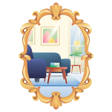 An ornate mirror with an intricate gold frame is placed against a wall. The frame features elaborate floral patterns and scrolling designs. In the mirror’s reflection, a room is visible with furniture arranged in an unusual perspective, creating a sense of depth. A plush, dark blue sofa is positioned on the left side of the reflection, facing a wooden coffee table with a small stack of books. The walls of the room are painted a soft cream color, and there are framed paintings hanging at different heights. A large window on the right allows soft, warm light to filter in, illuminating a patterned rug on the floor. The scene captured in the mirror appears slightly distorted, adding an intriguing twist to the view of the room.