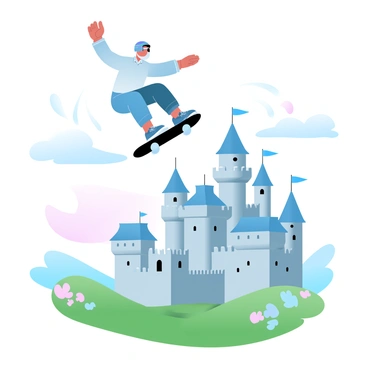 A skateboarder is airborne, performing a trick above a sprawling medieval castle. The skateboarder is wearing a colorful helmet and protective gear while dressed in a casual outfit. Below, the castle features tall stone walls, multiple turrets, and flags fluttering in the breeze. The background shows a clear blue sky that transitions into soft pastel colors as it meets the horizon. The sprawling landscape around the castle includes rolling green hills and patches of colorful flowers.