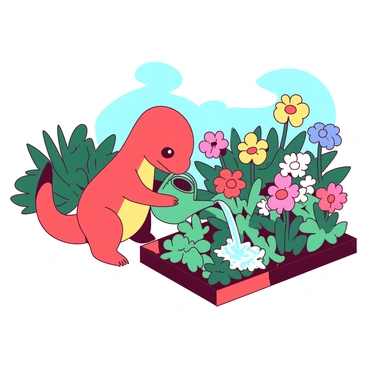 A red Charmander is gently watering a vibrant garden filled with various colorful flowers in full bloom. The flowers display a variety of hues, including pink, yellow, and blue, creating a lively scene. The Charmander has a focused expression, carefully pouring water from a small teal watering can onto the rich green soil. In the background, there are leafy bushes and a clear blue sky enhancing the serene atmosphere of the garden.