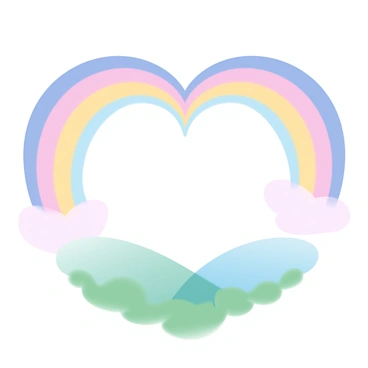 A vibrant rainbow is arching gracefully to form the shape of a large heart. The rainbow displays a spectrum of colors blending seamlessly into one another, creating a vivid visual effect. The heart shape is centered within a soft gradient background that enhances the colors of the rainbow. Below the rainbow heart, there is a lush green landscape with gentle hills, adding depth to the scene.