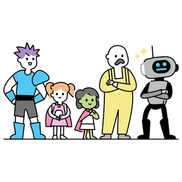 A lineup of diverse characters standing together. On the left, a tall warrior with spiky purple hair and a muscular build, wearing blue armor. Next to him, a small anthropomorphic creature with large eyes and green skin, wearing a red cape. In the center, a petite girl with orange hair tied in two pigtails, dressed in a pink dress and holding a small stuffed animal. To her right, a robust man with a bald head and a thick mustache, wearing a yellow jumpsuit. Finally, on the far right, a robotic character with a shiny metallic body and glowing blue eyes, standing confidently with arms crossed. The characters display a range of expressions, from determined to cheerful.