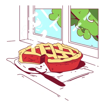 A red apple pie with a golden lattice crust is placed on a white plate cooling on a white windowsill. The pie has steam gently rising from its surface, indicating its warmth. Outside the window, there are green leaves from a tree partially visible, casting soft shadows on the pie. The sunlight filters through the glass, highlighting the pie’s golden crust and the vibrant red filling peeking through the lattice design.