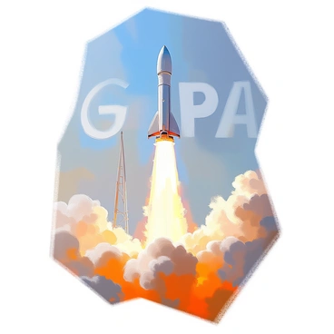 A powerful rocket is ascending into the sky, its engines producing a strong plume of smoke trailing behind it. The smoke is artistically curling and shaping into the numbers "GPA," clearly visible against the blue sky. The rocket's body is metallic with a sleek design, reflecting sunlight as it climbs higher. The scene captures the energy and dynamism of the launch, with the smoke trails vividly contrasting against the backdrop.