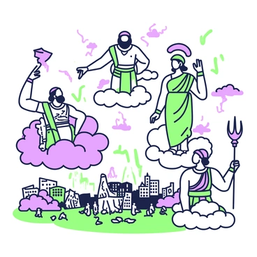 A group of Greek gods is depicted in the clouds, observing a city below that is experiencing chaos. Zeus, with a regal presence, is seated on a throne made of clouds, holding a lightning bolt in his right hand. Next to him, Athena stands tall, donning a helmet and armor, her gaze fixed intently on the city. Nearby, Poseidon emerges from the clouds, his trident raised as he surveys the turbulent sea surrounding the city. The cityscape below features crumbling buildings, scattered debris, and people in distress, creating a stark contrast to the powerful figures above. Dark storm clouds swirl around the gods, enhancing the dramatic atmosphere of the scene.