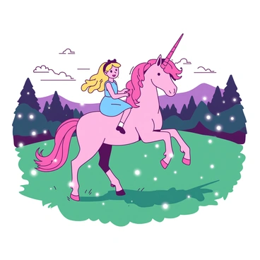 A pink unicorn with a flowing mane and tail is galloping gracefully through a lush green field. Alice, a young girl with a blue dress and golden hair, is seated atop the unicorn. The field is illuminated by numerous white sparkling fairy lights that twinkle in the evening air, casting soft glows around them. In the background, there are distant trees with shadows dancing in the light, and the sky is softly transitioning to twilight colors.