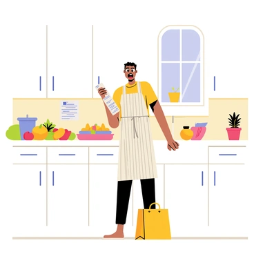 A person standing in their kitchen looking shocked after realizing they forgot an important grocery item.