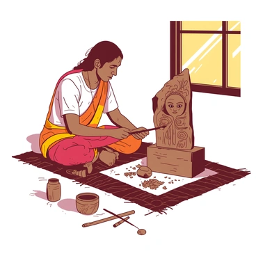 An Indian artist is sitting cross-legged on a woven mat, focused on carving a beautiful sculpture from a block of wood. The artist is using traditional tools, including a chisel and a small hammer, with the wood shavings scattered around. The sculpture depicts a detailed figure, showcasing intricate patterns and designs. The artist has a look of concentration, wearing traditional clothing with vibrant colors. Natural light filters through nearby windows, casting soft shadows around the workspace.
