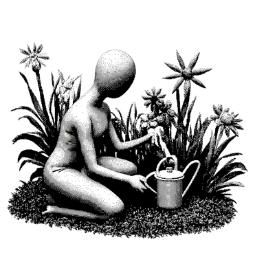 A character with a cup for a head is kneeling in a whimsical flower garden. The garden features oversized blooms with intricate shapes and patterns. The character has a slender body and arms that resemble thin, bendable straws. The flowers have various textures, with some having spiral petals and others shaped like stars. The scene captures a playful atmosphere as the character gently waters the flowers with a small watering can. In the background, there are leafy green plants that add to the lively garden setting.