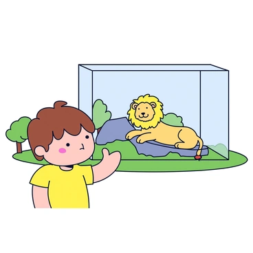 A young child with short brown hair wearing a bright yellow t-shirt is standing in front of a clear glass animal enclosure. The child has wide eyes and a slight frown, indicating apprehension. Inside the enclosure, there is a large, majestic lion resting on a rock. The lion has a thick, golden mane and looks calm but powerful. The background consists of a simple green grassy area with a few sparse trees around the enclosure.