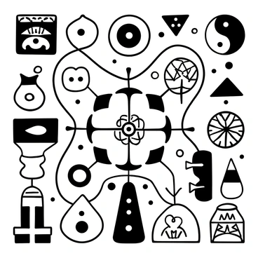 A variety of cultural symbols arranged in a complex geometric pattern. Each symbol is distinct, including a tribal mask, a yin-yang, a dreamcatcher, and an ankh. The symbols are interconnected with intricate lines and shapes, forming a cohesive whole. The background features a repeated motif that enhances the overall design.