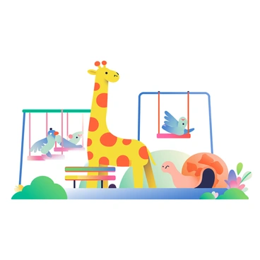 A whimsical playground is filled with vibrant colors and various play structures. In the center, there is a tall slide shaped like a bright yellow giraffe, with spots in different shades of orange. Nearby, a swing set features swings that resemble bluebirds, each swing is delicately crafted with wings extending outwards. To the side, a tunnel slide is designed like a friendly orange turtle, inviting children to crawl inside. Surrounding the playground, there are lush green grass patches and multicolored flowers blooming, enhancing the playful atmosphere. Brightly colored benches are scattered around for parents to sit and watch their children play.