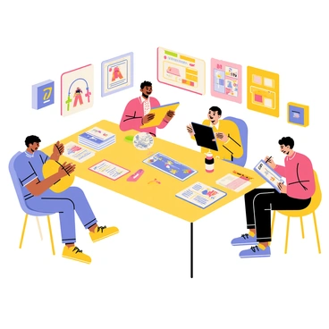 A diverse team of illustrators positioned around a large table, working collaboratively on a new comic book series. One illustrator is sketching a character design on a notepad, while another is coloring an illustration on a tablet. A third illustrator is discussing ideas with a fourth, who is examining printed pages of the comic's layout. Various art supplies, such as markers and brushes, are scattered across the table. Bright posters and comic panels are displayed on the walls, showcasing their creative inspirations.