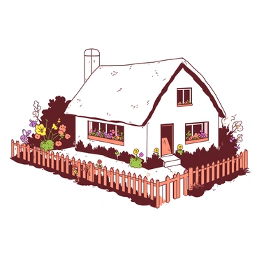 A white cottage with a thatched roof sits in the center of the scene. The cottage features window boxes filled with colorful flowers and smoke gently rising from the chimney. Surrounding the cottage is a lush garden filled with various blooming flowers in vibrant colors. To the front of the cottage, a neat orange picket fence encloses the garden, with a small gate inviting you in. The overall composition conveys a sense of peaceful charm and idyllic countryside living.