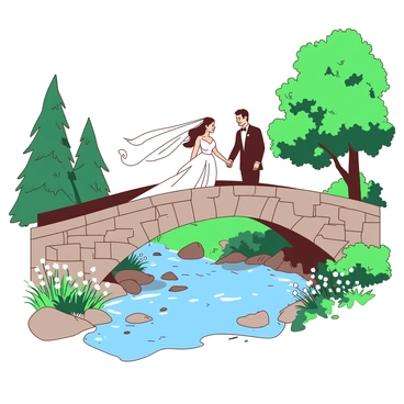 A bride in a flowing white gown holds hands with a groom in a classic black suit as they walk across a charming stone bridge. The bridge arches gracefully over a babbling brook that sparkles under the sunlight. Lush green trees line the banks of the brook, their leaves casting playful shadows on the water. Wildflowers bloom along the edges of the pathway leading onto the bridge. The scene captures a sense of joy and romance as the couple smiles at each other, surrounded by the beauty of nature. 