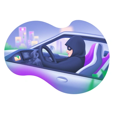 A scene depicting a thief wearing a black hoodie and gloves, sitting in the driver's seat of a sleek, silver luxury car. The thief is looking over their shoulder with a focused expression, ensuring they are not being watched. The car's interior features modern dashboard elements and leather seats, creating a stark contrast to the dark clothing of the thief. Outside the car window, blurred streetlights indicate a nighttime setting, while shadows of trees can be seen in the background, adding to the tension of the moment.