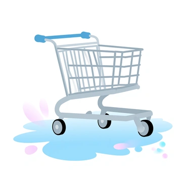 An empty cart reflecting in a puddle of water in a supermarket parking lot