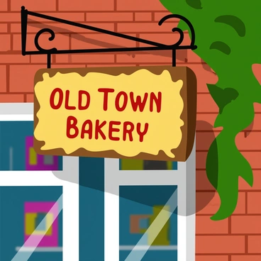A faded vintage sign hanging from an iron bracket on the exterior of an old shop. The sign is rectangular with peeling paint, displaying the words "Old Town Bakery" in an ornate script. Surrounding the sign are weathered bricks, with patches of ivy creeping up the wall. The shop window beneath the sign reveals dusty glass adorned with remnants of colorful displays from its bustling past. Sunlight casts a warm glow on the scene, highlighting the textures of the aged materials.