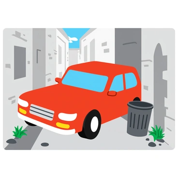 A car jammed in a narrow alleyway with scraped walls