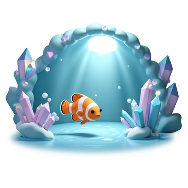 A clownfish, with bright orange and white stripes, is exploring a vibrant underwater cave. The cave walls are adorned with shimmering crystals that reflect prismatic colors throughout the space. Small bubbles rise from the clownfish as it swims curiously near the crystals. The water surrounding the clownfish is clear, highlighting the cave's intricate rock formations. Sunlight filters through an opening above, illuminating the scene and creating a magical atmosphere around the fish and the crystals.