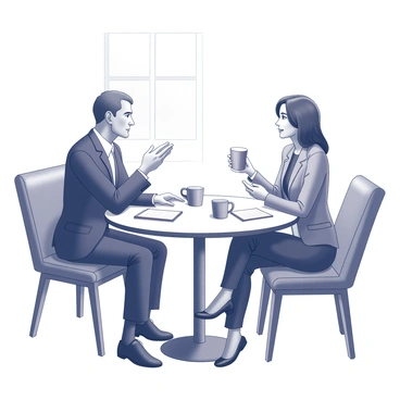 Two business partners seated at a small round table in a café. One partner, a middle-aged man wearing a suit, is leaning forward, gesturing with his hands as he discusses the terms of a wholesale deal. The other partner, a young woman in a smart blazer, is listening attentively, holding a coffee cup in her hand. The table has two coffee cups and a notepad with notes scattered around. A light source from a nearby window casts shadows across the table, enhancing the focused atmosphere of their conversation.