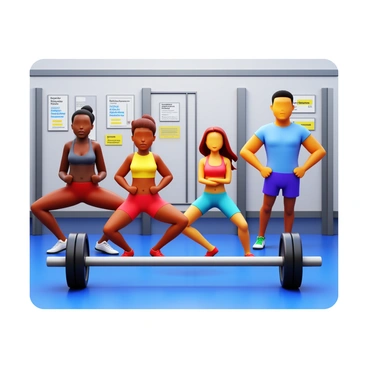 A diverse group of individuals, including a Black woman, a Latina man, an Asian woman, and a Caucasian man, confidently performing hip thrusts in a gym setting. Each individual is focused on their exercise, showcasing strong postures and determination. The gym features modern equipment, with weights on a barbell resting across the hips of the individuals. Bright lighting highlights their effort and teamwork, while motivational posters adorn the walls in the background.