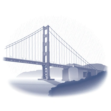 The Golden Gate Bridge stands majestically in the background, its iconic towers reaching into the sky. In the foreground, a curtain of rain falls, creating a blurred effect that partially obscures the view of the bridge. The droplets of rain create a textured appearance on the scene, enhancing the contrast between the bold lines of the bridge and the soft, flowing patterns of the rain. The environment feels dynamic, with the rain adding a sense of movement and depth to the overall composition.