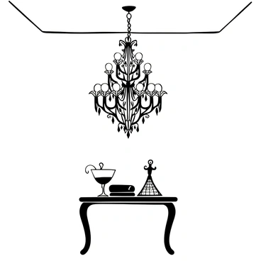 A grand chandelier with intricate arabesque details hangs from the ceiling. The chandelier features multiple tiers of ornate arms, each adorned with delicately designed patterns. The light fixtures emit a soft glow that casts elegant shadows on the surrounding walls. A polished wooden table is positioned directly beneath the chandelier, showcasing decorative items that enhance the luxurious atmosphere. The overall composition portrays a sense of opulence and sophistication within the space.