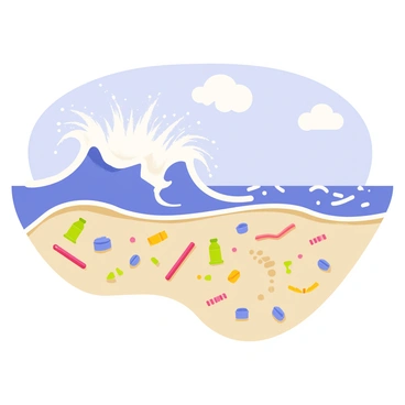 A large wave crashing onto a sandy shore, sending sprays of white foam into the air. The wave is pulling back, revealing a wide array of colorful plastic debris scattered across the beach. There are bright blue bottle caps, red straws, yellow plastic bags, and green fragments of containers among the grains of sand. The sky above is clear with a few fluffy white clouds, adding to the vibrant scene. Small footprints are visible in the sand, leading towards the edge of the water.