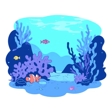 A blue underwater scene filled with a colorful coral reef. Various fish species of different sizes and shapes swim amongst the corals, showcasing a range of colors and patterns. A small orange clownfish is nestled among the corals, while a yellow tang swims nearby. Sunlight filters down from the surface, creating shimmering reflections on the sandy ocean floor. Seaweed sways gently with the currents, adding to the dynamic feel of the vibrant ecosystem.
