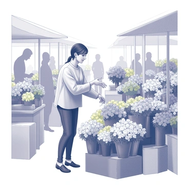 A woman stands among various flower stalls at a busy market. She is reaching out to select a vibrant bouquet of flowers, surrounded by an array of blossoms in different shapes and sizes. The market is filled with shoppers moving between stalls, and vendors are displaying their colorful arrangements. The woman's expression reflects concentration as she examines the flowers closely, contemplating her choice. The scene is lively, with people interacting and discussing the beautiful blooms around them.