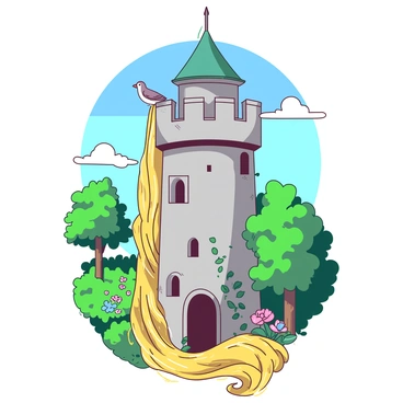 A beautiful tower is surrounded by lush green trees and colorful flowers. "Rapunzel's hair" cascades down the side of the tower like a "golden waterfall," shimmering in the sunlight. The hair is long and flowing, reaching the ground below. The tower is made of gray stone, with a blue sky overhead, and fluffy white clouds drifting by. There are vines climbing up the sides of the tower, adding to the enchanting scene. A small bird is perched on one of the windows, looking curiously at the hair.