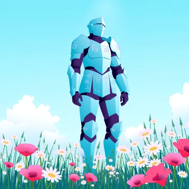 Alphonse Elric in full armor, standing tall and solemn in a sunlit field filled with vibrant flowers of various colors. His armor is intricately detailed with engravings and reflects the sunlight, creating a shimmering effect. The flowers around him, including daisies and poppies, sway gently in the breeze. The sunlight casts soft shadows, highlighting the contours of his armor. In the background, a clear blue sky stretches overhead, enhancing the peaceful yet poignant atmosphere of the scene.