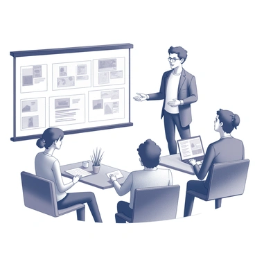 An illustrator stands in front of a large screen displaying their presentation. The screen showcases various sketches and notes related to the webinar topic. The illustrator is animatedly speaking, with one hand gesturing toward the screen. In front of the screen, several participants are visible, sitting at their desks with focused expressions. Some are taking notes while others are looking intently at the screen. Each participant has a different setting in their home office, with elements like plants, bookshelves, or personal items visible in the background. The atmosphere conveys a sense of engagement and active learning.