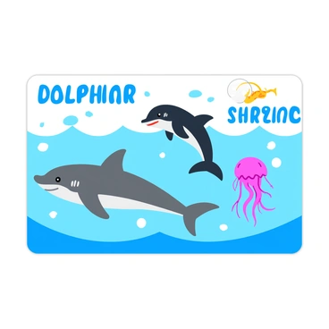 A colorful flashcard featuring various ocean creatures. In the center, there is a playful dolphin jumping out of the water, showcasing its sleek body and cheerful expression. To the left, a ferocious shark is depicted with its sharp teeth and streamlined form, swimming gracefully through the ocean blue. On the right, a delicate jellyfish drifts gracefully, with long, flowing tentacles that appear translucent and ethereal. The background is filled with simple waves and bubbles, enhancing the oceanic theme. Each creature is labeled with its name in bold, clear lettering.