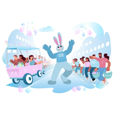 A lively Easter parade with floats, costumes, and a giant rabbit mascot