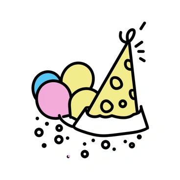 A colorful party cone hat with bright patterns sits prominently among a cluster of vibrant balloons in various colors. Surrounding the hat and balloons is a scattering of multi-colored confetti on a flat surface. The scene captures the festive atmosphere of a birthday celebration, showcasing the playful elements that bring joy to the occasion.