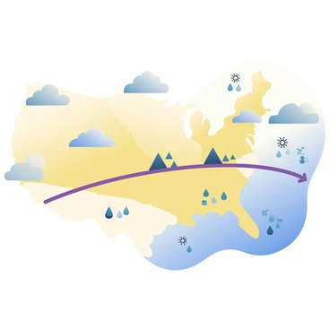 A detailed weather map displays an occluded front moving across a country. The map features various color gradients to represent temperature variations, with areas of warm yellow and cool blue indicating different weather patterns. The occluded front is depicted as a purple line with triangles and semi-circles, symbolizing weather changes along its path. Surrounding the front, there are clouds illustrated in varying shades of gray, indicating precipitation. Additionally, localized weather icons, such as rain drops and snowflakes, are shown in specific regions of the map to highlight areas of expected weather activity.