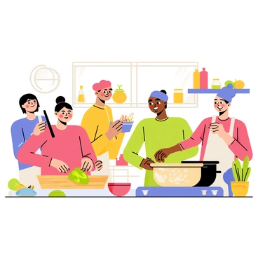 A lively cooking class is taking place in a bright kitchen filled with colorful ingredients. Several participants are focused on their tasks, with one person chopping vibrant green bell peppers on a wooden cutting board, while another is stirring a pot on the stove filled with a bubbling mixture. A third participant is measuring spices in a small bowl, and there are fresh herbs and vegetables scattered around the countertops. The atmosphere is energetic, with smiles and excitement visible on everyone's faces as they create delicious dishes together.