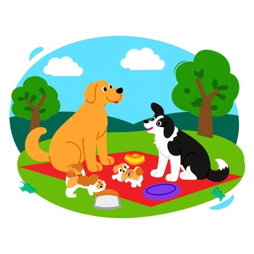 A group of dogs of different breeds enjoying a picnic in a park.