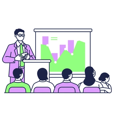 A scholar is standing confidently behind a podium, presenting research findings. The scholar is wearing glasses and a tailored suit, holding a stack of papers in one hand. In front of the podium, an engaged audience is seated, with people of various ages and backgrounds. The audience members are attentively looking at the scholar, some taking notes, while others have their arms crossed, showing interest. A large projection screen behind the scholar displays a colorful graph, clearly illustrating the research data being discussed.