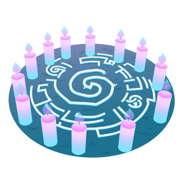A circle of candles and mysterious symbols drawn in chalk on the floor