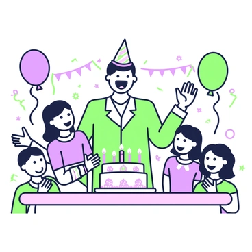An excited host with a big smile is standing in front of a group of children, encouraging them to sing "Happy Birthday." The host is wearing a bright outfit and has a party hat on their head. In front of them is a colorful cake adorned with vibrant candles and decorations. The children, with expressions of joy, are gathered around the cake, some clapping their hands and others smiling widely. Balloons and streamers can be seen in the background, contributing to the festive atmosphere of the birthday celebration.